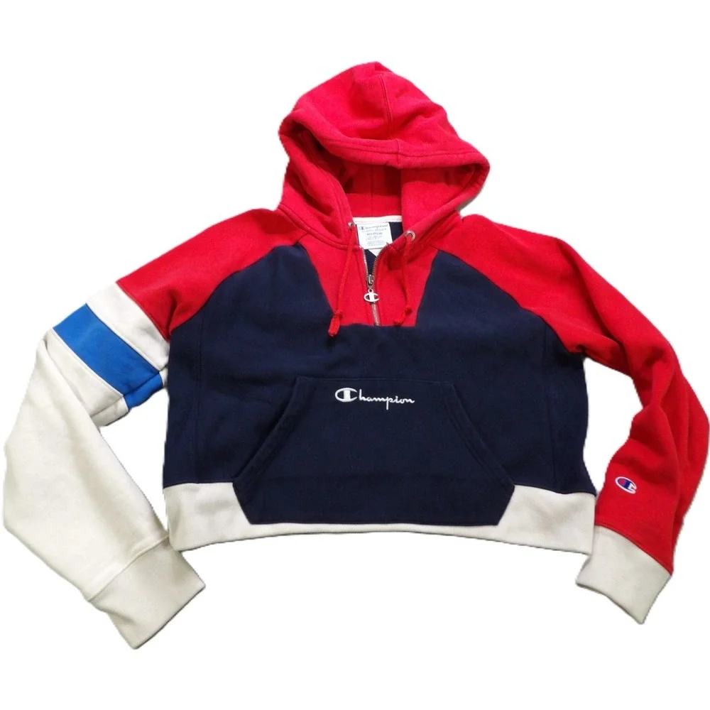 Champion Reverse Weave Half Zip Crop Hoodie Women M Colorblock Sweatshirt Navy